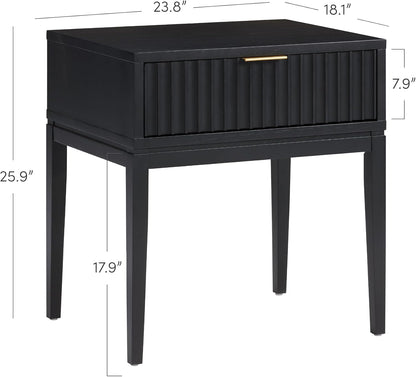 Nathan James Jasper Boho Side Table, Solid Wood Bedroom Nightstand or Bedside Table with Drawer with Fluted Doors and Brass Handles, Black