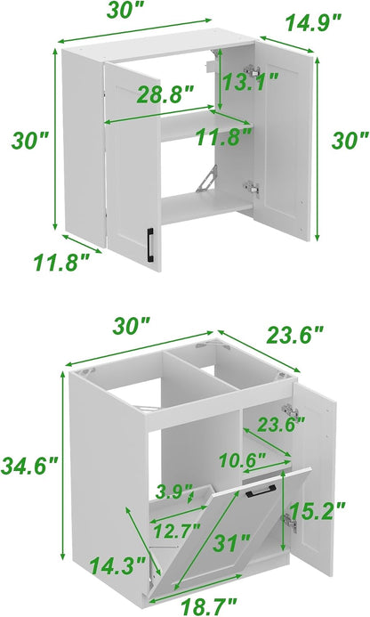 Timechee White Modern Kitchen Pantry Storage Cabinet with Wall Cupboard Set, Wall Pantry Cupboard with Tilt Out Trash Can Cabinet, Storage Shelves, Kitchen Buffet Sideboard Set for Dining Room