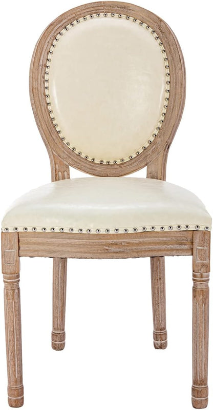 Nrizc French Country Dining Chairs Set of 4, Leather Farmhouse Dining Room Chairs with Round Back, Solid Wood Legs, Oval Side Chairs for Kitchen, Bedroom, Dining Room