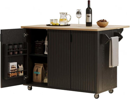 Kitchen Island Cart with Drop Leaf with Storage and Dining Table, Kitchen Island with Wheels Towel Rack， for Kitchen, Dining Room, Black