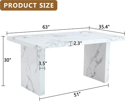 63" Dining Table Set for 6, White Faux Marble Dining Room Table and 6 PU Leather Chairs with Silver Metal Legs, Easy Assembly Kitchen Dining Set for Home, Apartment