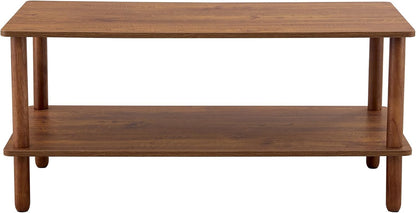 Modern Double-Layer Living Room Coffee Table, Rectangular Center Table with Open Storage Rack, Circular Rubber Wooden Leg Coffee Table, Stable and Durable, Easy to Assemble (Walnut + MDF)