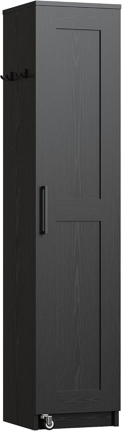 IRONCK Narrow Kitchen Pantry Storage Cabinet, 72" Slim Single Door with 6 Adjustable Shelves, Door Rack and Wheels, Space Saving Freestanding Storage Floor Cabinet for Small Place, Black