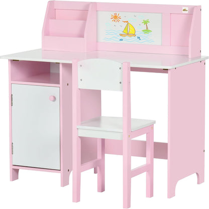 Toddler Table and Chair Set with Whiteboard and Storage Cabinet, Pink | Kids Writing Desk and Homework Table for Drawing, Learning, and Playroom Activities