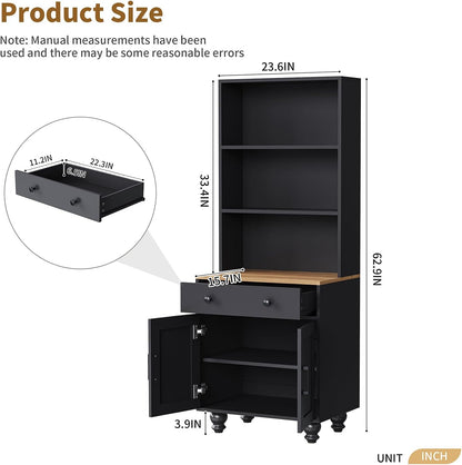 Black Kitchen Hutch Storage Cabinet, 23.6" W Small Kitchen Pantry Cabinet with Microwave Stand Freestanding Kitchens Pantry Storage Cabinet with 2 Doors, 1 Drawer and 2 Shelves, Black