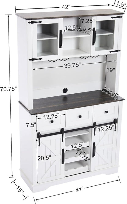 Coffee Bar Cabinet with Sliding Barn Doors 71'' Farmhouse Pantry Cabinet with Drawers & Wine Glass Rack Rustic Buffet Cabinet for Kitchen, White and Black