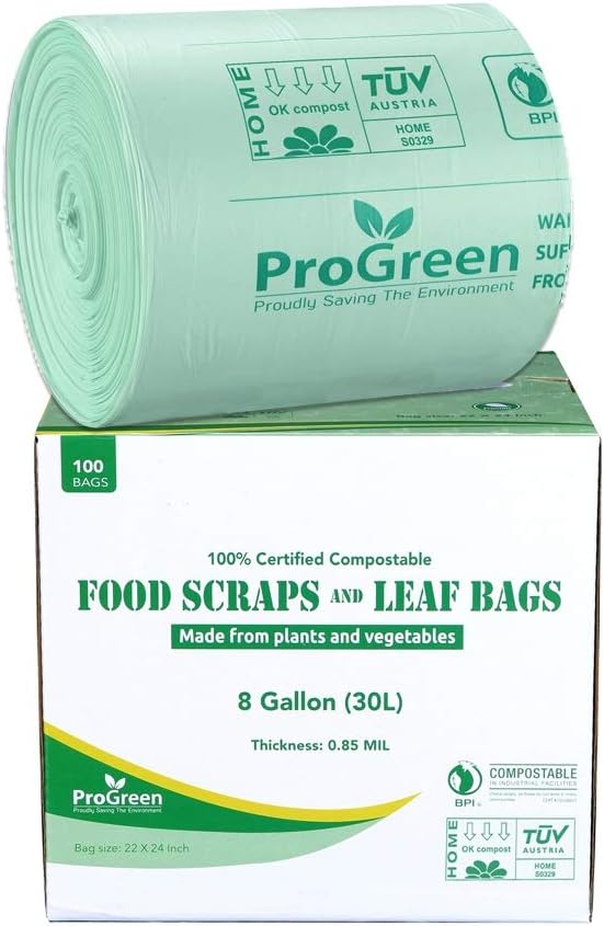 ProGreen Compostable Trash Bags, Extra Thick, Compost Kitchen Bin Bags, Food Scraps Yard Waste Bags, ASTM D6400 BPI and TÜV AUSTRIA Certified (8 Gallon, Pack of 100)