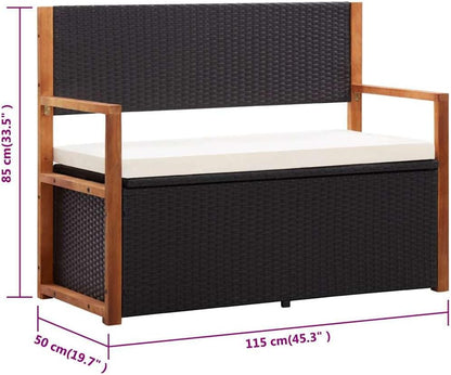 45.3" Storage Bench Poly Rattan and Solid Acacia Wood Outdoor Garden Bench with Interior Storage and Removable Cushion for Patio Deck Porch Black and Natural