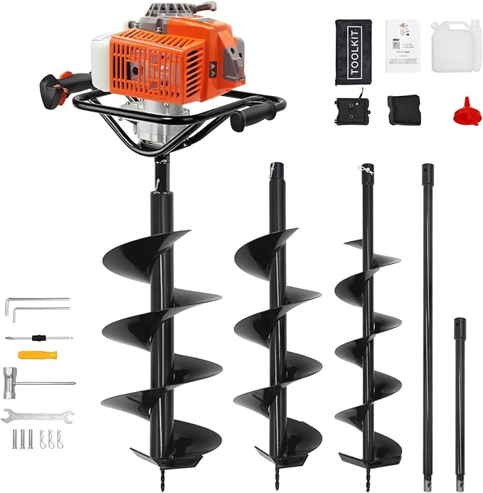 72cc 2-Stroke Auger Post Hole Digger with 2 Extension Rods & 6" & 8" Auger Bits - Gas Powered Earth Auger for Fencing, Gardening, Construction - Heavy Duty Digging Machine (72cc+2 Auger Bit(6"8"))