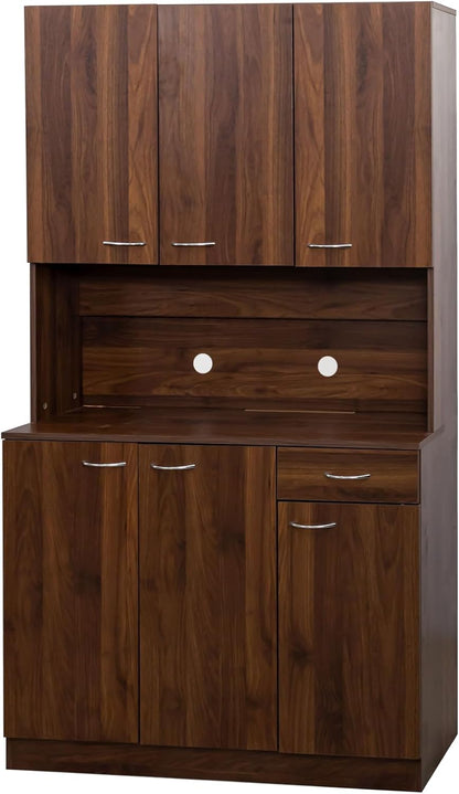 ZeHuoGe 70.86" Tall Pantry Cabinet with 6-Doors, 1-Open Shelves and 1-Drawer for Dining Room,Large Kitchen Hutch,Coffee Bar Station,Kitchen Storage Cabinet (Dark Walnut)