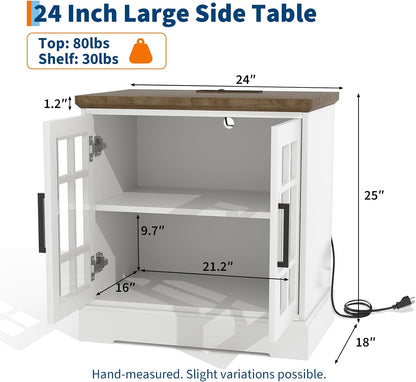 24" Farmhouse Nightstand with Charging Station, End Table with Tempered Glass Doors and Adjustable Shelf, Wood Square Side Table, Bedside Cabinet for Bedroom,Living Room- White