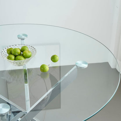 47.2“ Round Dining Table for 4, Contemporary Tempered Glass Dining Table, Small Dinner Table with Silver Metal Base, Round Clear Kitchen Table Writing Desk for Dining Kitchen