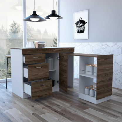 Grecia Kitchen Base Cabinet - 3 Drawers, 2 Shelves, White/Dark Walnut - Expandable Counter Space