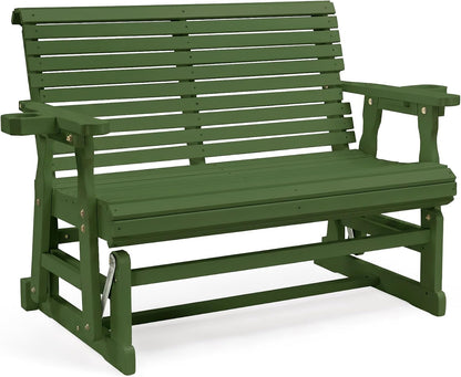 VINGLI Outdoor Glider Wood Patio Chair with Cup Holders, Outdoor Bench Glider Loveseat with Smooth Rocking Mechanism, Heavy Duty 800 LBS, Dark Green