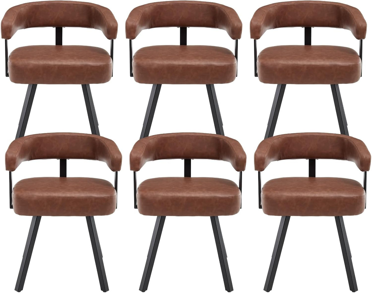 Shunzhi Brown Upholstered Leather Dining Chairs Set of 6 Modern Barrel Dining Room Chairs Comfy Kitchen Chairs Armless PU Side Chair with Curved Back for Living Room/Restaurant