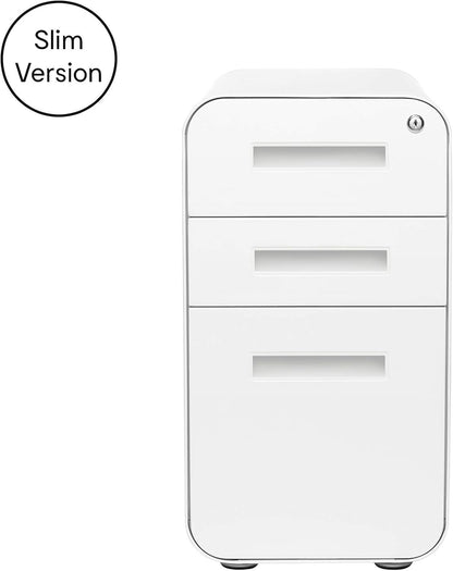 Laura Davidson Furniture Stockpile Slim 3-Drawer Mobile File Cabinet with Lock - Under Desk Metal Filing Cabinet, Legal/Letter File Folders, Wheels and Stationary Feet, Pre-Assembled, White