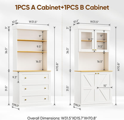 71" White Farmhouse Kitchen Pantry Cabinet Set of 3— Freestanding Coffee Bar with Glass Doors or Drawers, Microwave Stand, Large Storage Hutch with Adjustable Shelves for Kitchen, Living Room