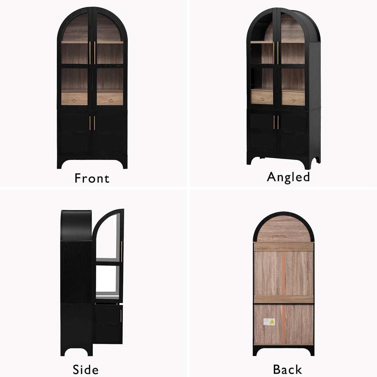71'' Tall Arched Cabinet with Glass Doors, Farmhouse Kitchen Pantry Cabinet with Storage, China Cabinets with Adjustable Shelves, Hidden Drawer, Cupboard for Dining Room, Living Room (Black)
