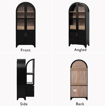 71'' Tall Arched Cabinet with Glass Doors, Farmhouse Kitchen Pantry Cabinet with Storage, China Cabinets with Adjustable Shelves, Hidden Drawer, Cupboard for Dining Room, Living Room (Black)
