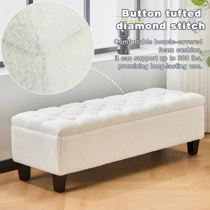 Ottoman Bench with Storage - Beige Storage Bench End of Bed with Safety Hinges, Tufted Ottoman for Living, Dining Room, Entryway and Hallway