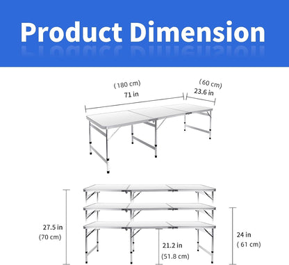 Moosinily Camping Table 6FT Folding Table Large 3 Adjustable Height Portable Picnic Table Camp Aluminum Outdoor Picnic BBQ White
