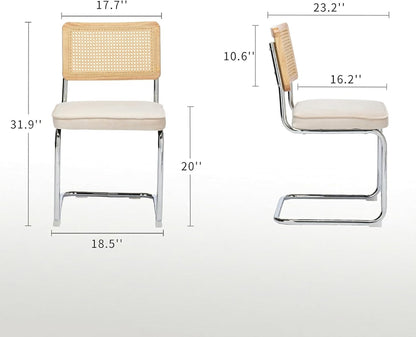 Rattan Dining Chairs Set of 4, Mid-Century Modern Dining Room Chairs with Cane Back, Velvet Upholstered Seat & Chrome Cantilever Frame, Sillas de Comedor, Kitchen & Dining Room Chairs (Beige)