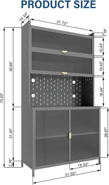 73'' Gray Tall Kitchen Pantry Cabinet, 6-Tier Metal Storage Cabinet with Quick-View Acrylic Flip Door & Adjustable Shelves, Space-Saving Hutch for Kitchen, Dining Room, Living Room