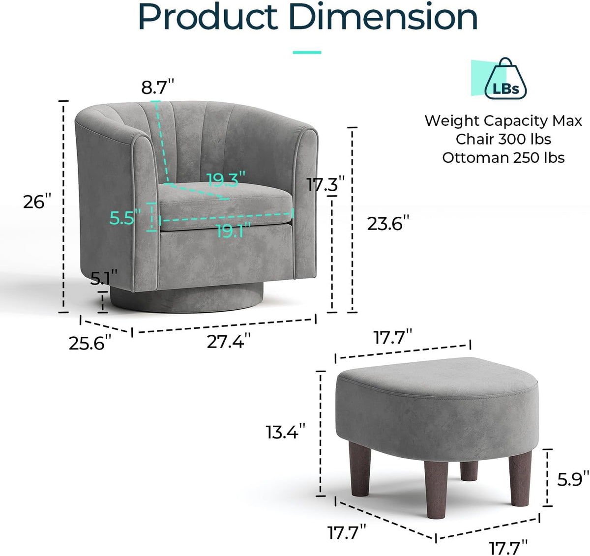 LINSY Swivel Accent Chair with Ottoman: Small Velvet Barrel Chair 360 Swivel Modern Armchair, Upholstered Reading Chair with Footrest for Living Room Bedroom Study Room (Grey)