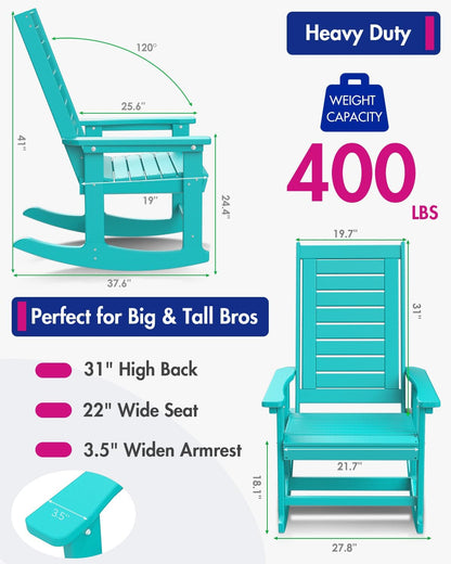 BRIOPAWS Outdoor Rocking Chairs Set of 2 | HDPE Plastic | Porch Rockers | Aqua | Oversized | Patio Rocker Chair | High Back | for Big Man | Weather Resistant | for Outside Deck Balcony Front Backyard