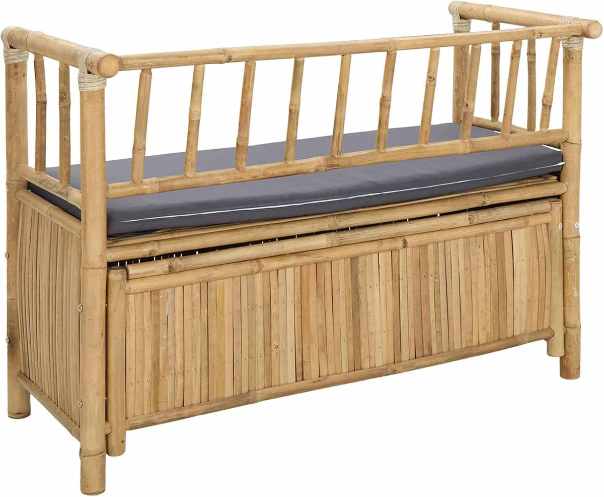 Bamboo Garden Storage Bench 110x47x80 cm, Natural Outdoor Bench with Hidden Seat Storage, Post Leg Design for Patio or Sunroom, Easy Assembly Required