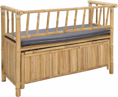 Bamboo Garden Storage Bench 110x47x80 cm, Natural Outdoor Bench with Hidden Seat Storage, Post Leg Design for Patio or Sunroom, Easy Assembly Required