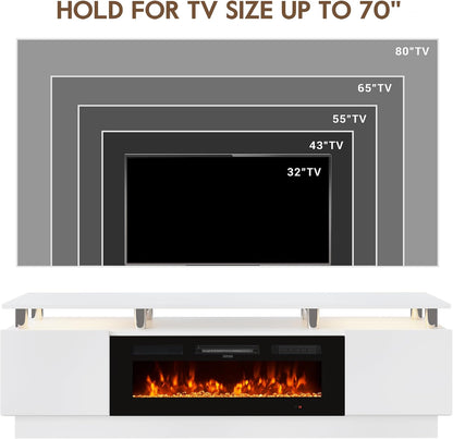 70" Fireplace TV Stand for TVs UP to 80", Electric Fireplace Entertainment Center with LED Lights & Storage Cabinets, TV Console for Living Room, Office, White-Black