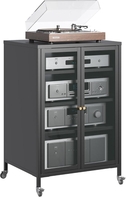 Stereo Cabinet, Metal Media Storage Cabinet with Glass Doors, Audio-Video Media Stand with 4 Adjustable Shelves, AV Stand for Meeting, Living, Recording Room, Require Assembly, Black