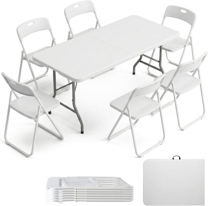Folding Table and Chairs Set, 6 Foot Foldable Long Plastic Table with 6 Plastic Folding Chairs, Portable Set for Parties, Event, Training, Craft, Wedding, and Commercial Use