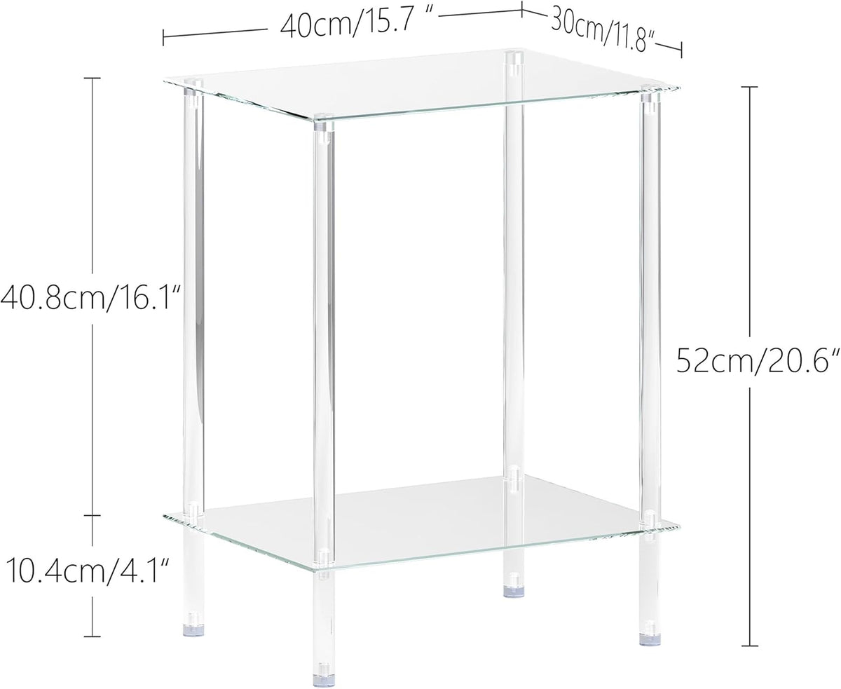 Tempered Glass Side Table, Acrylic End Table, 2-Tier Transparent Nightstand, Clear Coffee Table, for Small Spaces Living Room Bedroom Balcony Transparent LET518TR