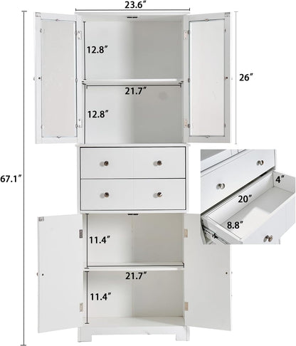 67" Tall Kitchen Pantry Cabinet with Glass Doors and Adjustable Shelves,Freestanding Kitchen Pantry Storage Cabinet with Drawer,Large Food Cupboard for Bathroom,Craft Room,Laundry Room