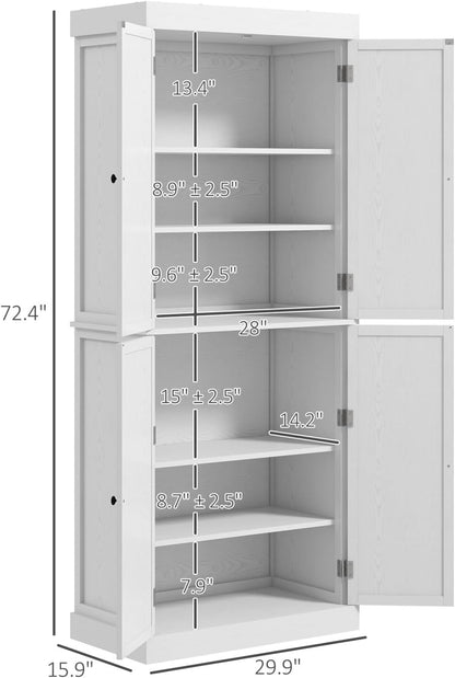 White Modern Style Freestanding Food Pantry Cabinet, Kitchen Floor Storage Cabinet with 4 Doors & 6-Tier Shelves, Dining Room Living Room Bathroom, 30x16x72.5 Inches