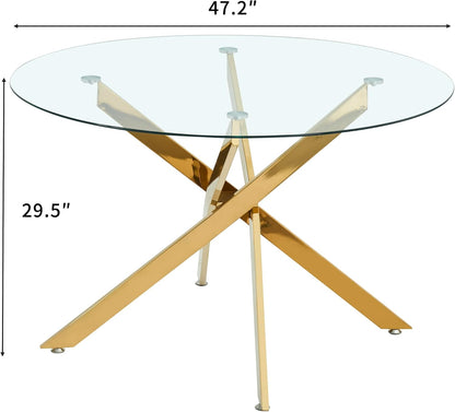 47" Round Glass Dining Table for 4-6, Circle Kitchen Table with Tempered Glass Top & Gold Metal Cross Legs, Modern Glass Dinner Table for Kitchen Dining Room Small Apartment