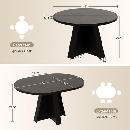 iPormis 43.3in-59in Extendable Round Dining Table for 4-6, Modern Wooden Kitchen Table for Dining Room, Adjustable Size Oval Circle Dinner Tables Furniture for Kitchen Living Room, Black