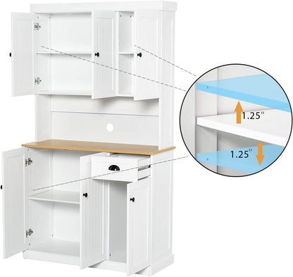 71" Tall Farmhouse Kitchen Pantry,Tall Kitchen Pantry with Microwave Oven Countertop,Freestanding Pantry Cabinet,Wood Pantry Storage Cabinet with Adjustable Shelves, 6 Doors and 1 Drawer