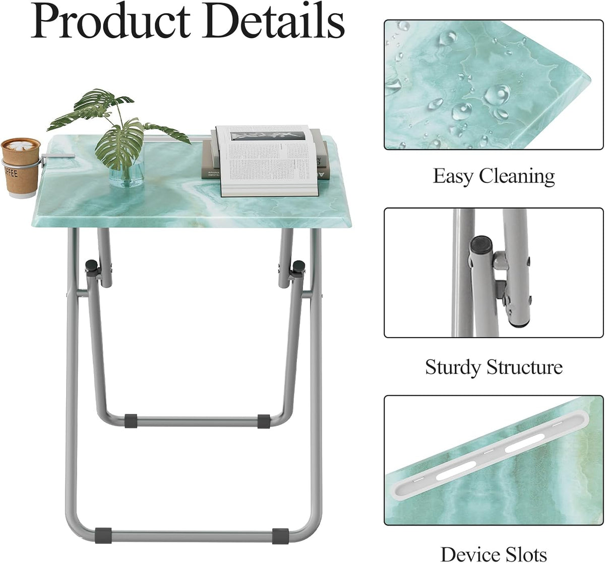 TV Trays Table Set of 4 Portable Folding TV Tray Table TV Dinner Tray with Sturdy MDF, Small Folding Tables with Phone & Tablet Slot, No Assembly Required, 15 x 18.9 x 25.6 in (Sea Blue Marble, 4Pcs)