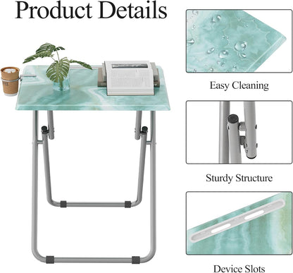 TV Trays Table Set of 4 Portable Folding TV Tray Table TV Dinner Tray with Sturdy MDF, Small Folding Tables with Phone & Tablet Slot, No Assembly Required, 15 x 18.9 x 25.6 in (Sea Blue Marble, 4Pcs)