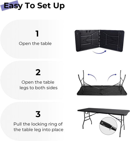 Folding Table 6ft, Heavy Duty Portable Utility Table with Handle, Black | Fold-in-half Design,Easy Storage,HDPE Top,Sturdy Legs,330lbs Support,Indoor Outdoor Use for Dining,Parties,Picnic