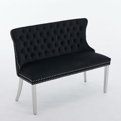 Black Velvet Dining Bench, Tufted Upholstered Dining Loveseat | Wing Back Seating with Silver Stainless Steel Legs, Modern Dining Room Furniture