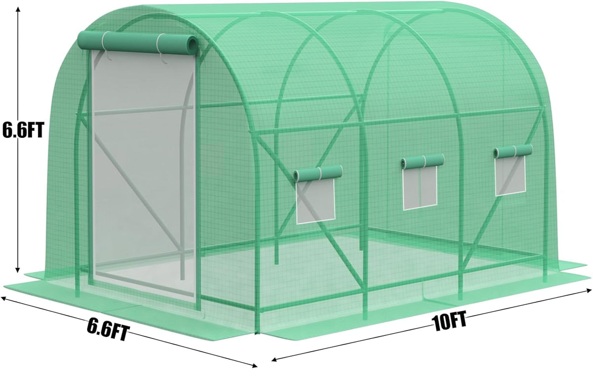 10×7×7 FT Greenhouses for Outdoors Heavy Duty, Large Walk in Green Houses for Outside with 6 Ventilated Mesh Windows & Roll-up Door & Reinforced Frame