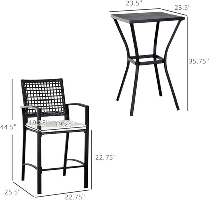 Patio Bar Set, 3 PCS Rattan Wicker Outdoor Furniture Set with Cushioned Stools and Table, Backyard Bistro Dining Set for Lawn Deck Poolside Porch Garden