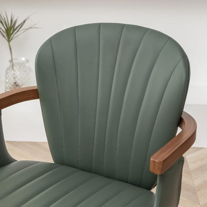 LUNLING Swivel Dining Chairs, Mid Century Modern Green Faux Leather Kitchen Chairs with Arms,Bamboo Legs Side Chairs No Wheels,Accent Chair for Dining Rooms and Offices,1PCS