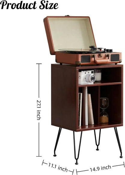 FONTOI Record Player Stand with Storage Space, Turntable Stand Record Player Cabinet with Adjustable Feet, End Table with Metal Legs for Living Room, Bedroom, Brown