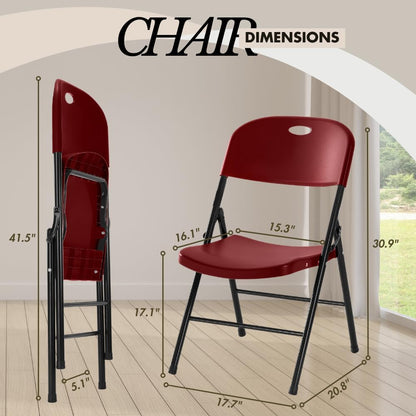 2-Pack Heavy Duty Plastic Folding Chair, 300 lbs Capacity Foldable Chairs for Indoor Outdoor, Stackable Portable Seating for Party, Wedding, Patio, Backyard, Office (Red)