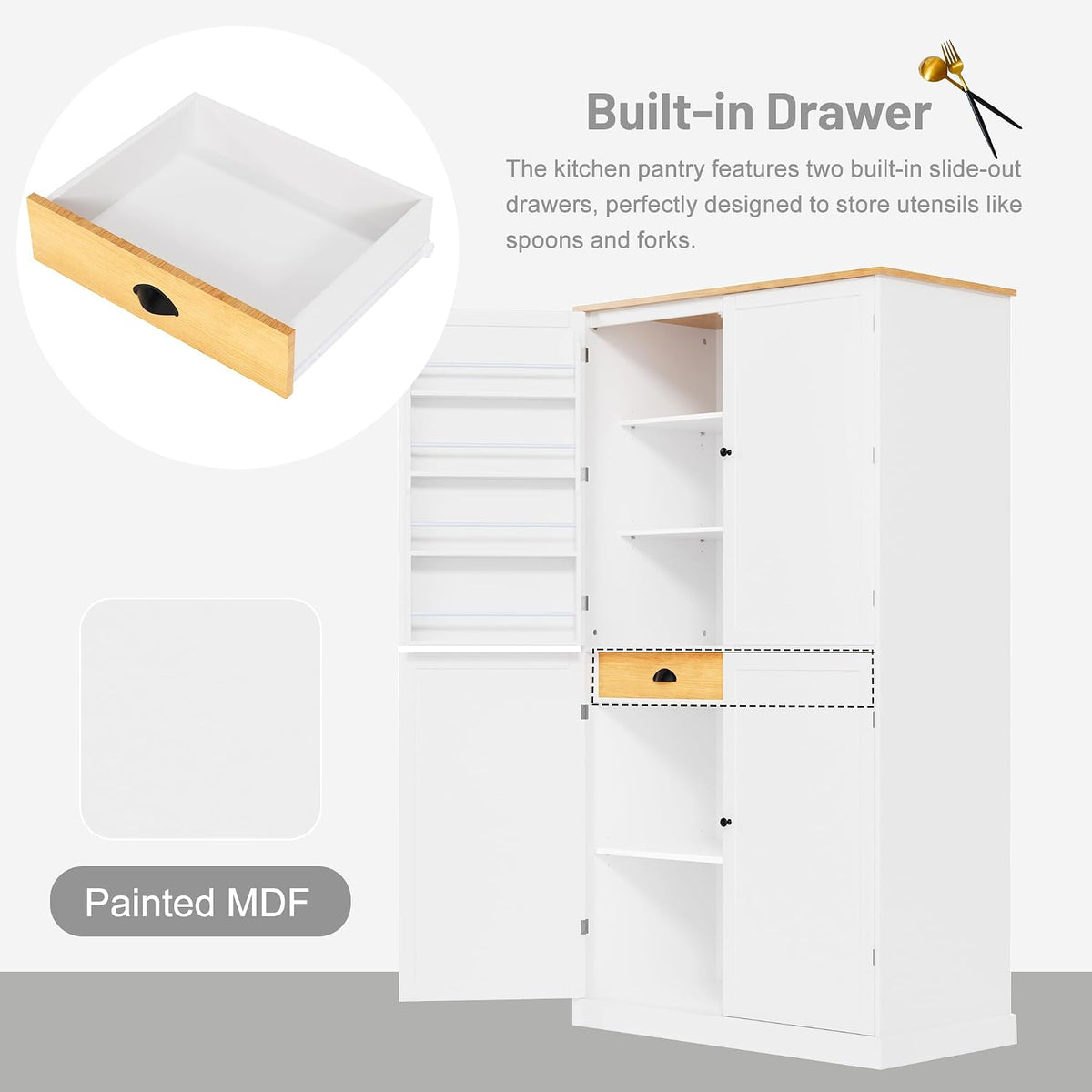 Merax 71" H Kitchen Pantry Large Cupboard Storage Cabinet with 4 Doors, Organizer, Drawer and Adjustable Shelves,Wood Cupboard for Kitchen, Dining Room, Bathroom, White